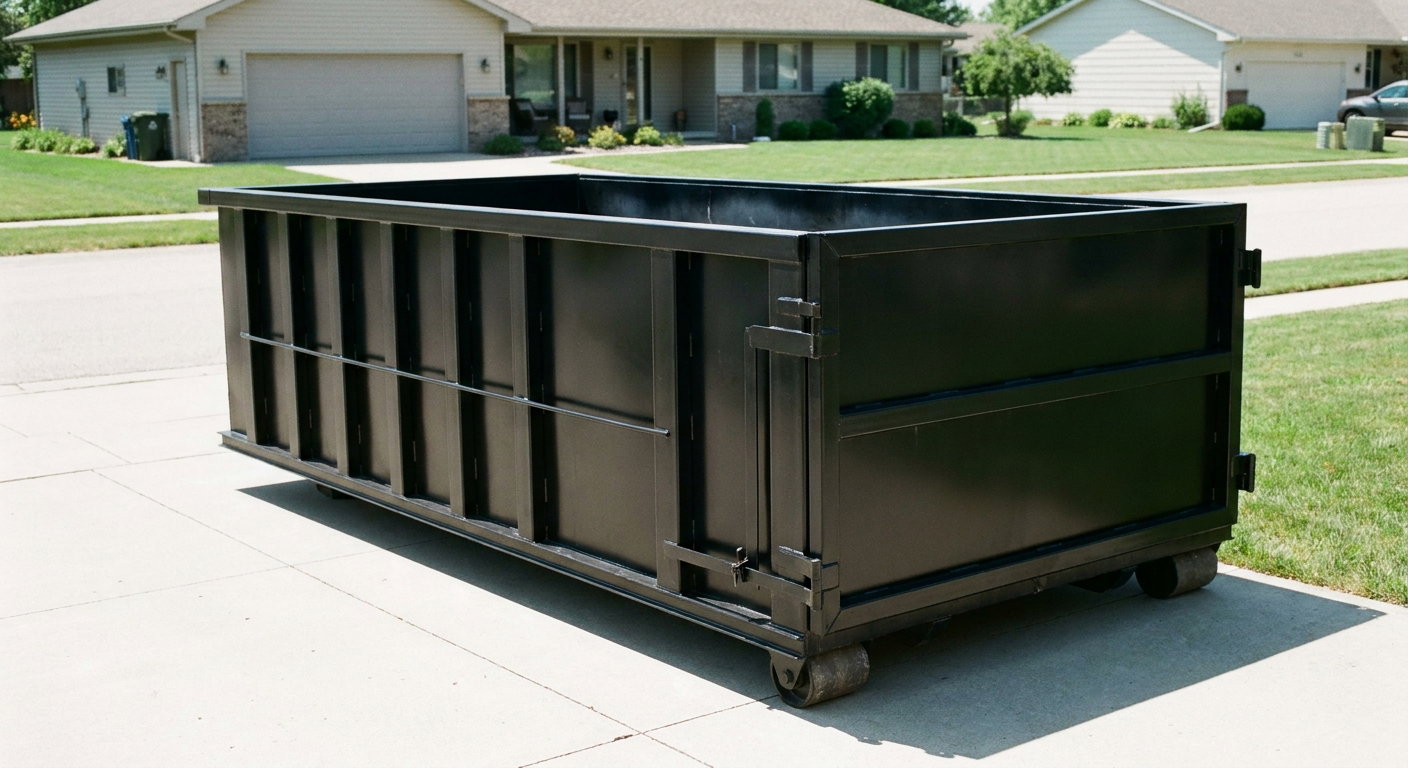 Matte-black 10-yard roll-off dumpster on a residential concrete driveway in Atlanta, uniformly painted matte black across every panel and rail, ribbed steel sidewalls and rear swing door visible, mid-day daylight.