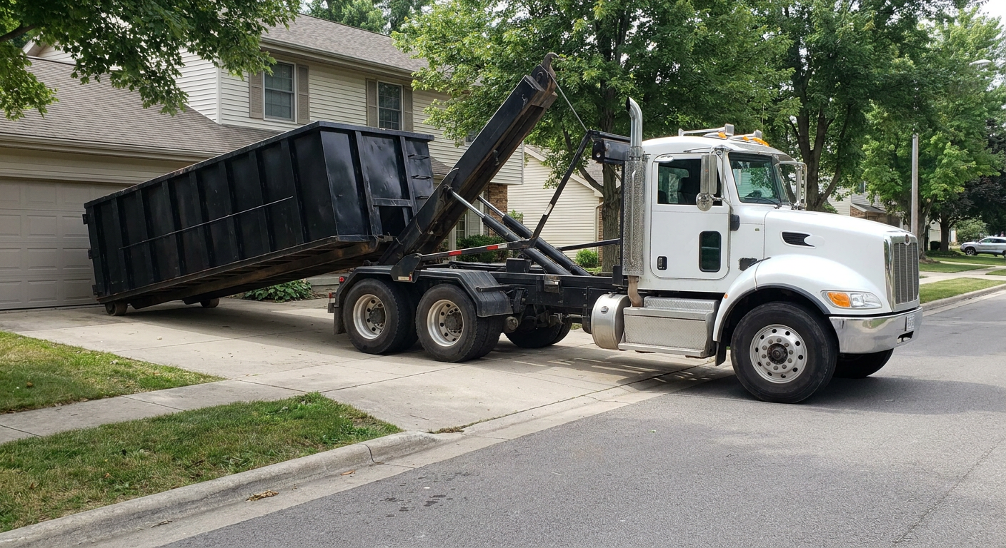 White-cab hooklift roll-off truck actively lowering a matte-black dumpster onto a Atlanta residential concrete driveway, the dumpster's rear wheels touching the driveway as the hoist arm tilts the bed forward, mid-morning daylight.