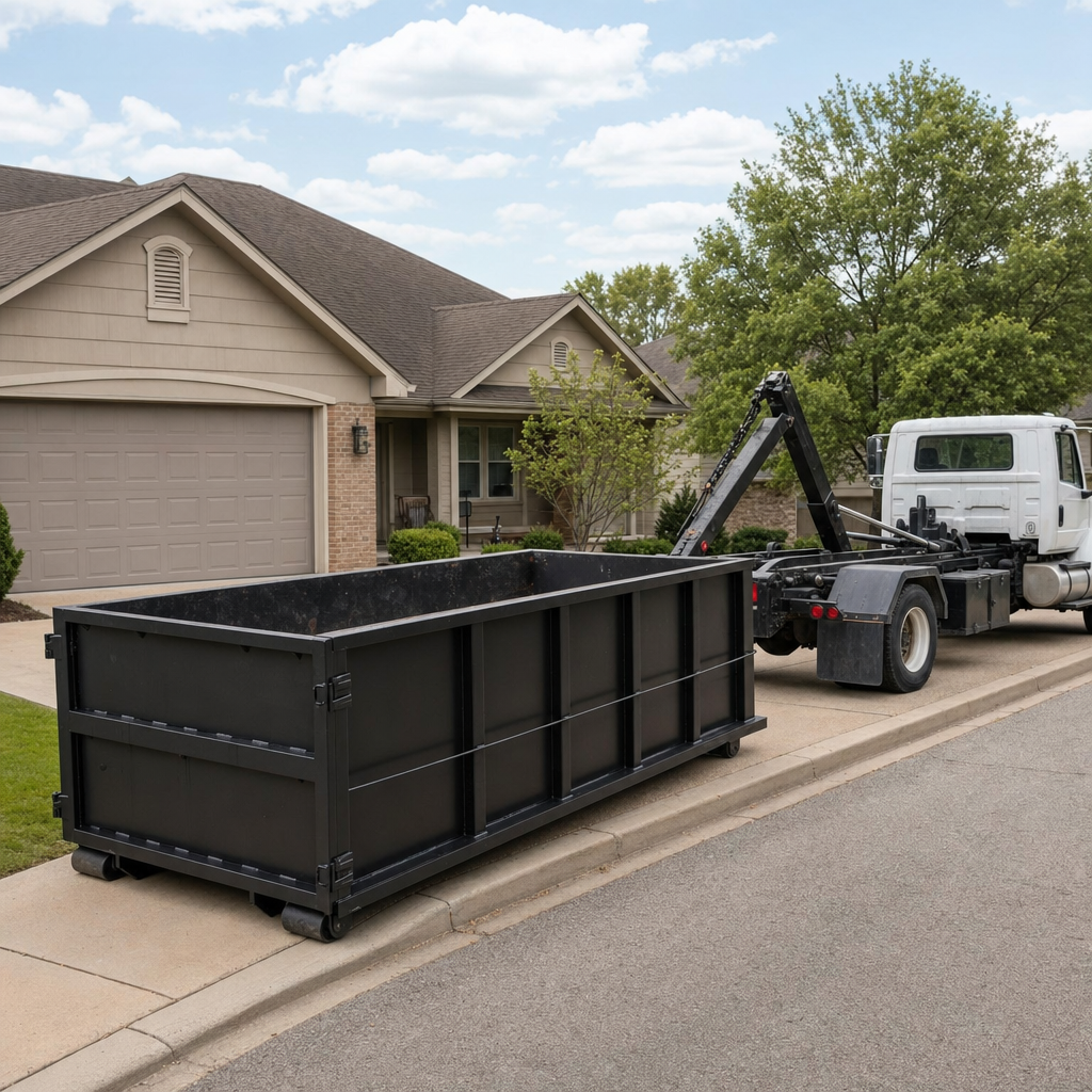 Wide documentary shot of a matte-black roll-off dumpster on a Atlanta residential driveway in the foreground and a contractor jobsite container in the soft-focus background, bright daylight, calm and orderly composition.